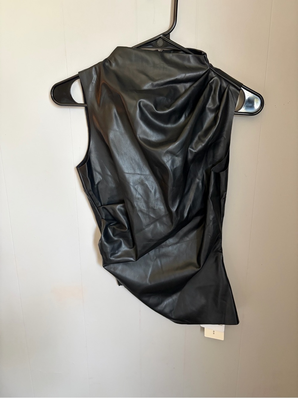 Commense Sleeveless Faux Leather Drape Top - Black